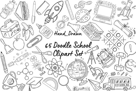 65 Back to School Doodle Clipart Set